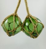 Glass Float Nautical Sea Fishing Buoy 2 x 3" / 7.5cm Dia With Rope Hangers GREEN