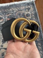 Gucci Marmont Wide Black Leather GG Belt Brushed Gold - Womens Size 85