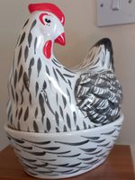 CHICKEN ON A BASKET . Vintage Hand Painted Black And White.  Country Kitchen