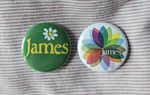 James (Manchester / indie rock) two 25mm button badges. Free UK postage!