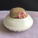 Antique Pin Cushion Handmade Moulded Opaque Milk Glass Acanthus Leaves Base