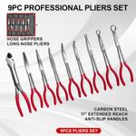 9pcs 11" Long Nose Plier Set Long Reach Circle Bent Needle Nose Diagonal Cutter