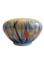 Antique Japanese Fukagawa Seiji Porcelain Bowl Blue Iris Gilt Historic Repair