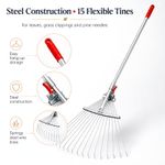 Adjustable Garden Leaf Rake 18-55cm, 15 Steel Tines, 115-150cm Length Leaves