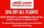 15% off All Jet2 Flights until 31 March 2028.  Book By 31 Dec 2026