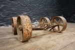 Set of 4 Antique Cast Iron Wheels with Axles ~ Chicken Coop Garden Hut Trolley