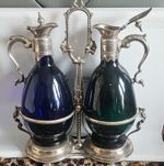 Antique Cruet Set. Cobalt Blue & Green Glass, Silver Plate Stand, Hinged Lids.