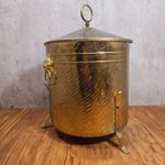 Vintage Brass Lion Mask Ring Lidded Log Fire Coal Bucket Bin - Fireside Bin