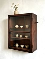ANTIQUE VICTORIAN STAINED PINE WALL HANGING GLAZED DISPLAY CABINET CUPBOARD