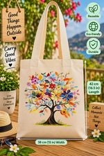 Reusable Eco-friendly Tote Bag Beige Floral Tree Print With Handle 38x42cm