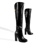 ON TREND OVER KNEE BOOT BLACK  FAUX LEATHER UPPER 9cm BLOCK HEEL WITH INSIDE ZIP