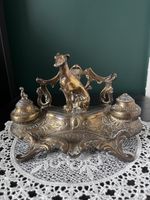 Heavy Vintage Italian Brass Double Inkwell Desk Set Rococo Gothic Decor