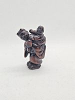 Signed Japanese Wood Netsuke – Man Carrying Child (Oyako), 20th Century