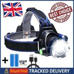 NEW T6 HEADLAMP 350000LM LED ZOOM HEADLIGHT RECHARGEABLE HEAD TORCH USB LINE UK