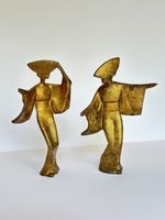 VINTAGE MCM CAST IRON JAPANESE GEISHA FIGURINE GOLD LEAF SET OF 2 AWA ODORI