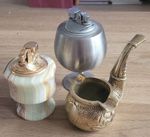 Retro Tobacciana Bundle 1960 Spanish Brass Ashtray Stainless  Onyx Table Lighter