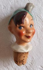 Vintage Porcelain Liquor Pourer, Bottle Stopper: boy in green cap: 9.5 cm high