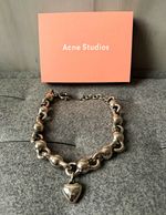 Acne Studios Silver Tone Curb Link Heart Dangle Charm Necklace Engraved Signed