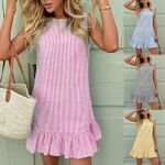 Women's Summer Ruffles Holiday Striped Dress Casual Sleeveless Mini Dresses SIZE