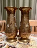 Exotic Pair Of Vintage Eastern Brass Vases With Beautiful Decoration. 20.5cm