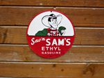 SAVIN SAMS ETHYL GASOLINE HEAVY ENAMEL SIGN. USA AMERICANA. GREAT PATINA.