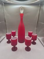 MCM Italian Satinato Cadmium Glass Liqueur Set Red Cased Opaline UV Glow 7-Pc .