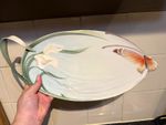 Franz XP1694 Porcelain Oval Platter Butterfly Pattern White/Green/Orange DAMAGED