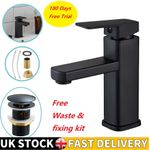Black Square Waterfall Cloakroom Large Basin Mixer Tap Sink Mono Bathroom &Waste