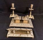 Antique Victorian Brass Desk Set-Inkwell/Candlesticks & Pen Rest/Letter Opener 