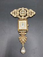 Kirks Folly Watch Brooch Gold Tone Dropped Pearl Rhinestone
