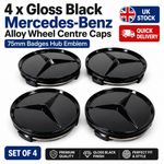 4 x  Gloss Black Mercedes Benz Alloy Wheel Centre Caps 75mm Badges Hub Emblem