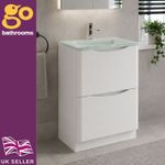 White 600mm Floor Standing Vanity Unit with Glass Basin Bathroom Cabinet