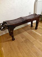 Antique Carved Wooden Elephant Bench with Brass Inlay Asian Style 128cm.