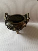 Vintage Oriental Style Dragon Handle Bronze Bowl Incense Burner Planter Pot