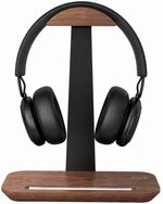 Walnut Wood Headphone Stand, Natural Wooden Desktop Headset Holder with Storage
