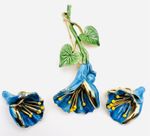 Vintage 1980’s Gold Plated Blue & Yellow Enamel Flower Brooch & Earrings Set