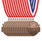 10 Pcs Bowling Game Bronze Award Medals With Blue Red & White Neck Ribbons 