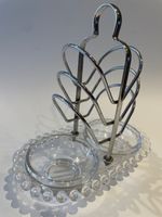 Vintage 1920s-30s chrome-glass 6-slice Toast Rack integral jam and butter dishes