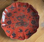 Antique/Vintage Chinese Red Seal Mark Porcelain Plate Red and Black Dragon