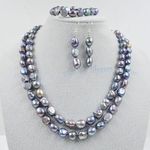 2 Rows Real Natural Black Freshwater Baroque Pearl Necklace Bracelet Earring Set