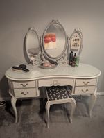 French Louis Style Kidney Dressing Table Triple Mirror & Stool Set White Silver 