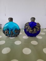 Antique Art Nouveau Blue Glass Perfume Bottles With Pewter Overlays. 