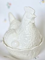 VINTAGE Large Ceramic Hen In The Basket Nest White England