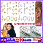 12Pcs Helix Piercing Jewellery Surgical Steel Tragus Earrings Set Flat Back