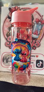 Kids Stitch & Angel 500ml Plastic Water Bottle with Straw, Drink-Through Lid