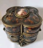 Rare Antique French Faux Tortoiseshell  Ormolu 4 Scent Bottle Box / Casket + Key