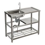 Kitchen Sink Single Washing Bowl with Drain Board & Shelves Stainless Steel Unit
