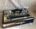 Antique Brass Mounted Ebonised Desk Standish Inkstand Glass Inkwells Victorian