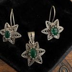 Vintage 925 Sterling Silver Filigree Jade Jewellery Set Pendant & Drop Earrings