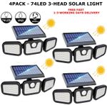 3-Head 74 LED Solar Powered PIR Motion Sensor Wall Garden Security Flood Lamp